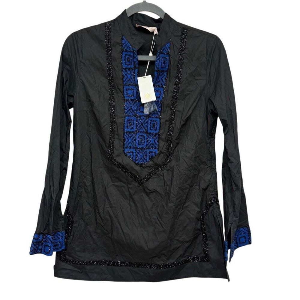 Tory Burch Black Embellished Long Sleeve cotton tunic size 2